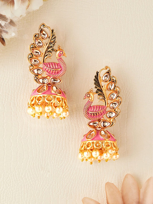 Rubans 22k Gold-Plated Handcrafted Kundan & Enamel Peacock Design Jhumka Earring Gold