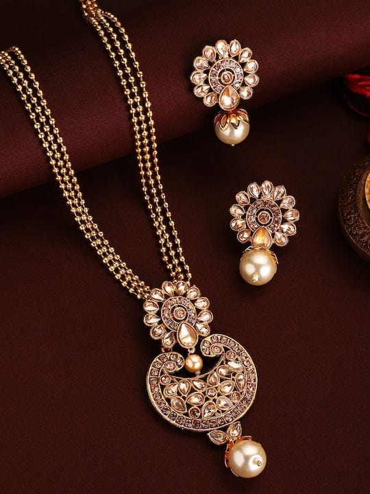 Rubans 22K Gold Plated Handcrafted Kundan Stone Pendant Set Gold