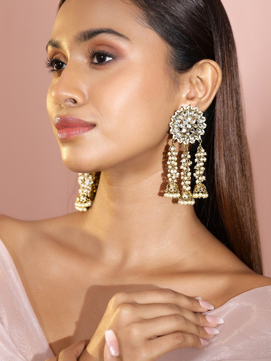 Rubans 22K Gold Plated Handcrafted Kundan Studded Floral Design 3-Layered Jhumka Earrings Gold