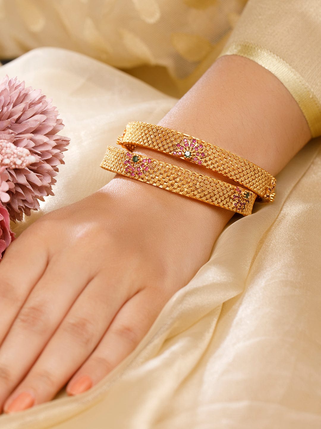 Rubans Set of 2 22K Gold Plated Ruby Pink & Emerald Green Stone Studded Bangles Gold / 2.6