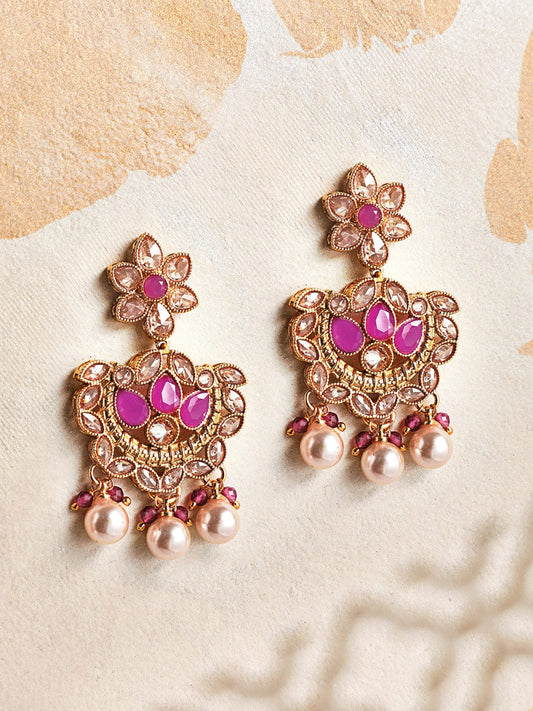 【Rubans】 22K Gold Plated Handcrafted Ruby Studded Chandbali Earrings｜22K ゴールドメッキ ハンドクラフト ルビーストーン チャンドバリ イヤリング