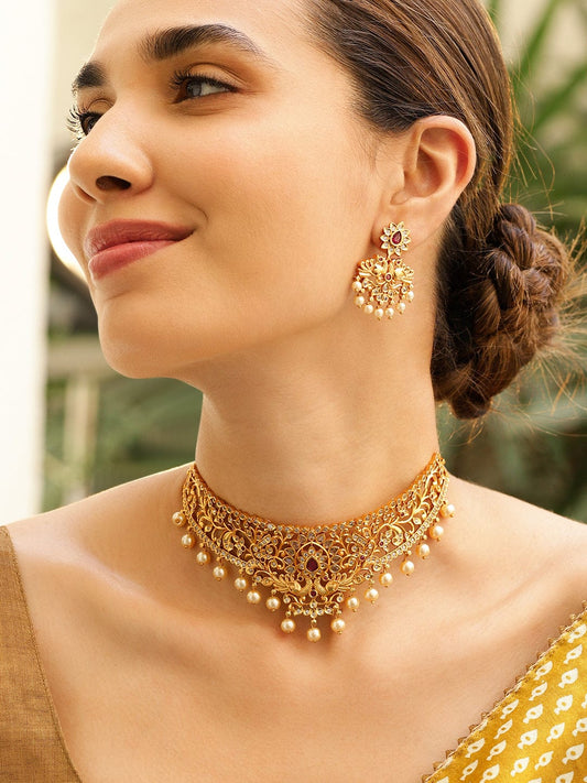 Captivating Red Gold Plated Choker Set Red