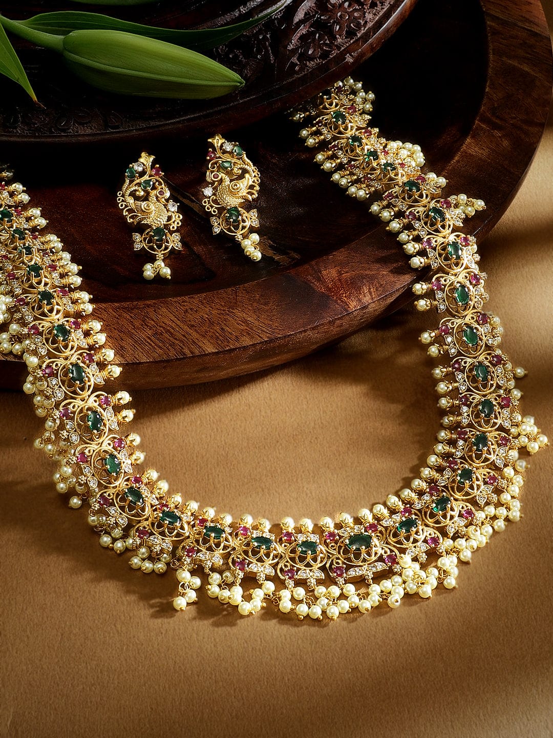 Pink & Green Studded Pearl Necklace Set Gold