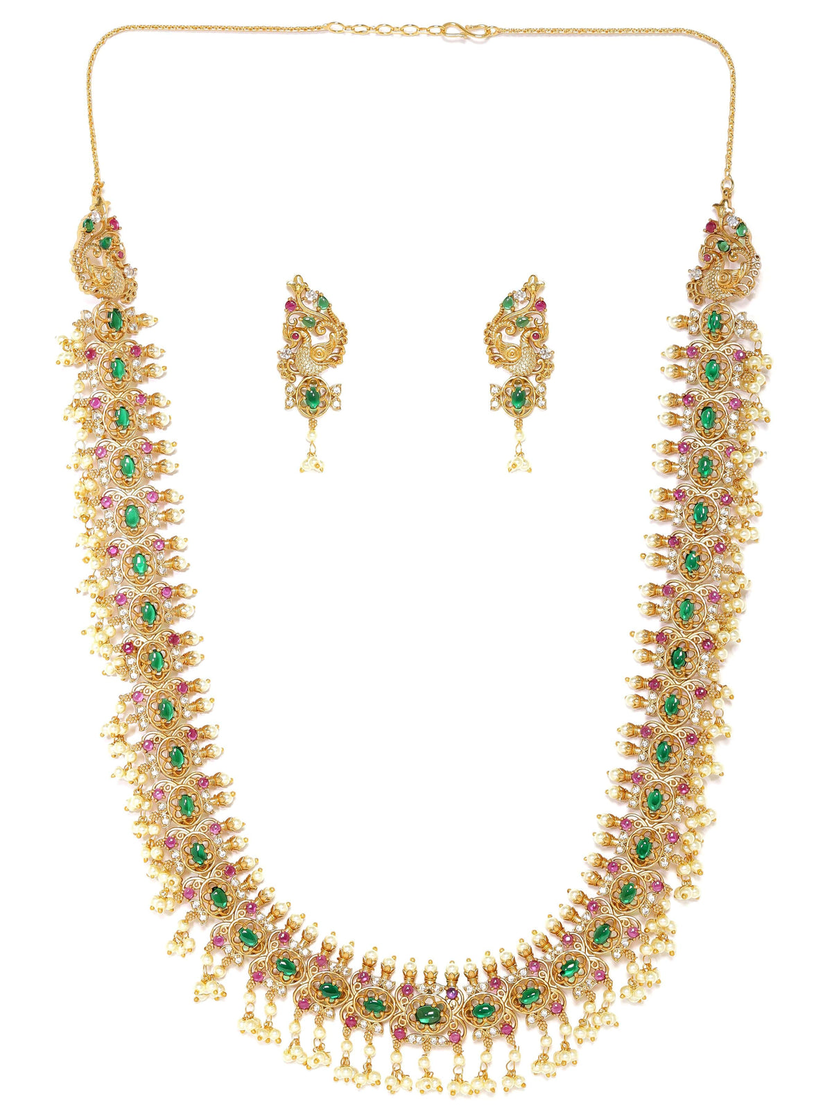 Pink & Green Studded Pearl Necklace Set Gold