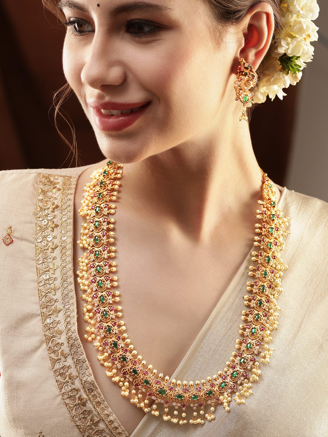 Pink & Green Studded Pearl Necklace Set Gold