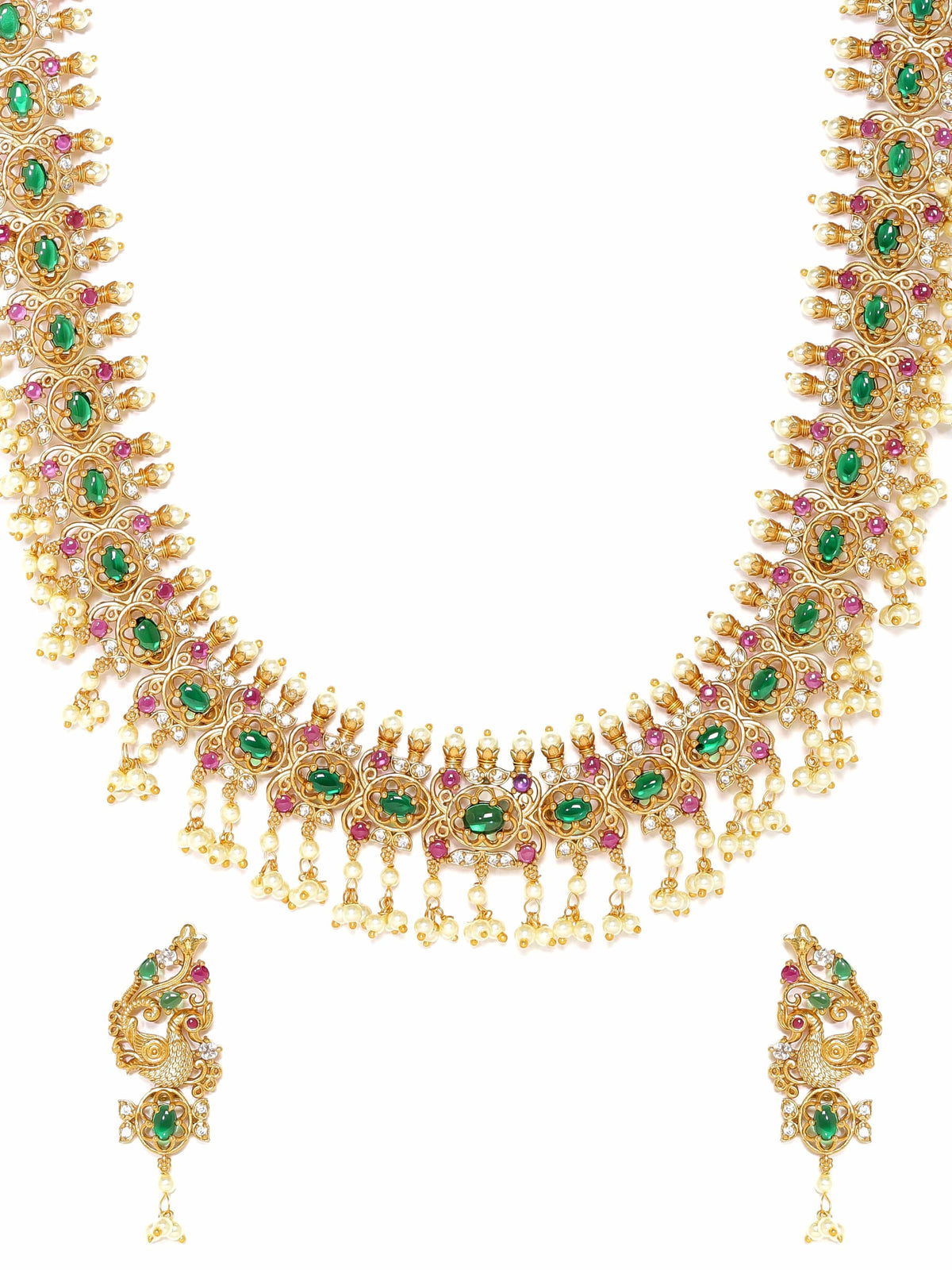 Pink & Green Studded Pearl Necklace Set Gold