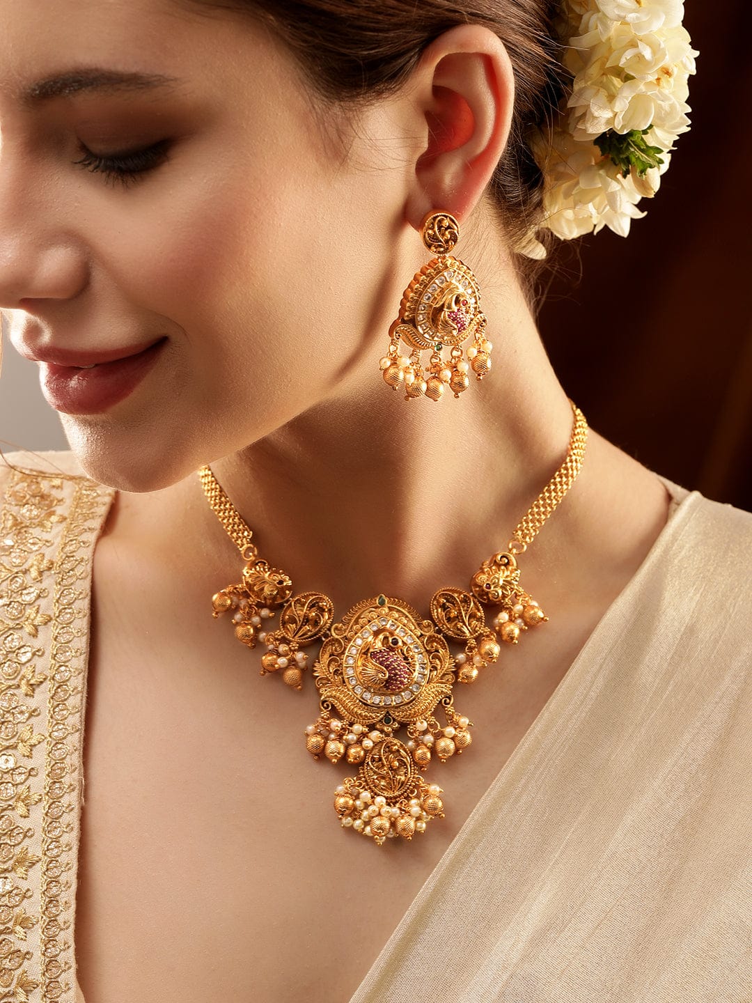 Gold Beads American Diamond Zirconia Necklace Set Gold