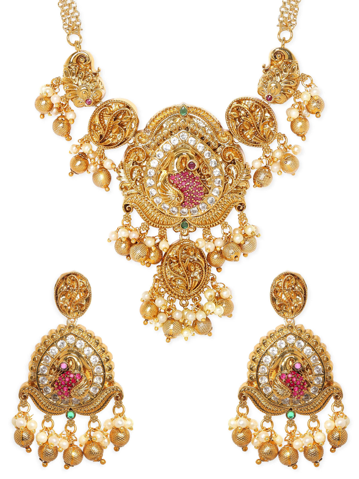 Gold Beads American Diamond Zirconia Necklace Set Gold