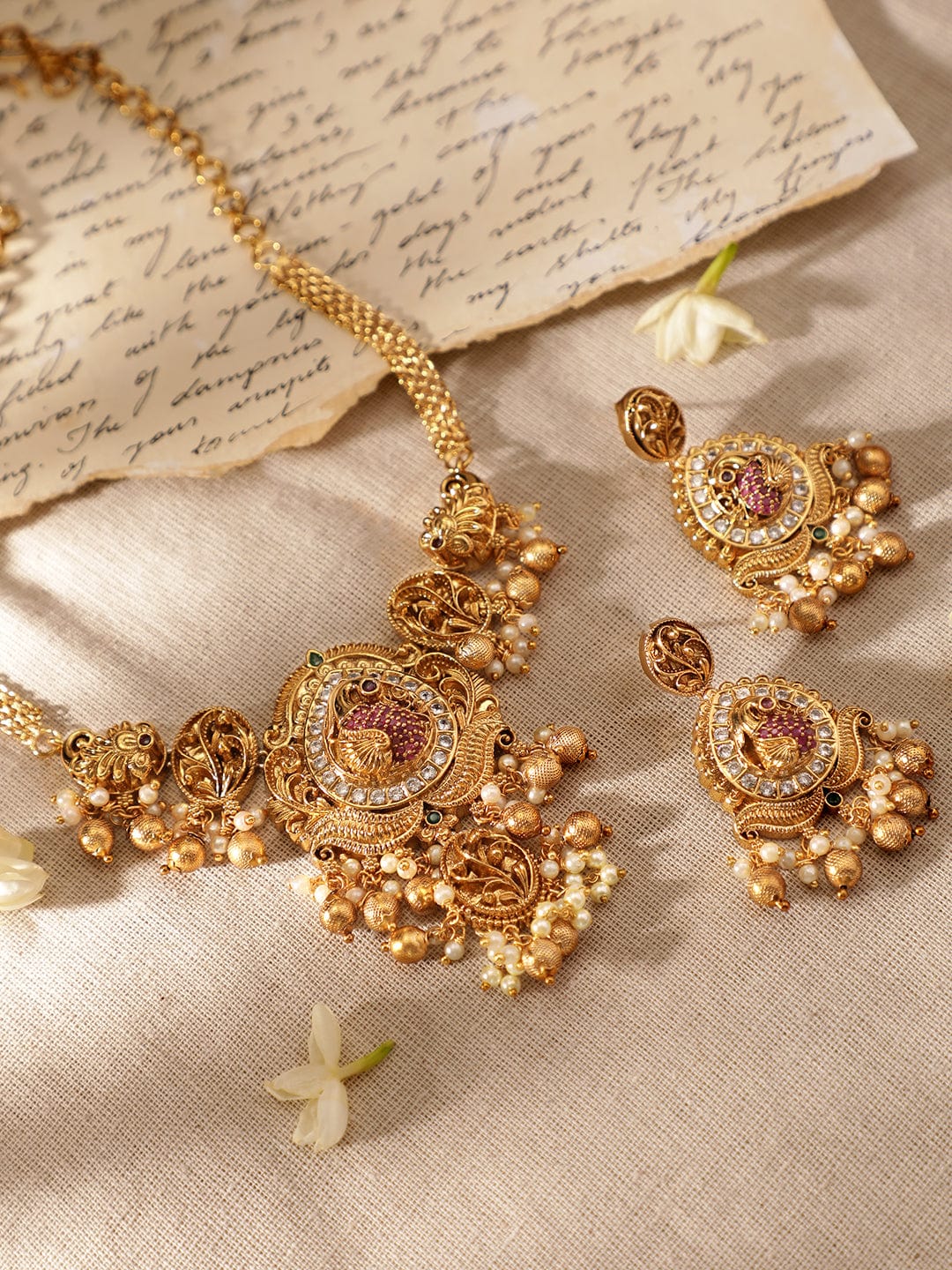 Gold Beads American Diamond Zirconia Necklace Set Gold