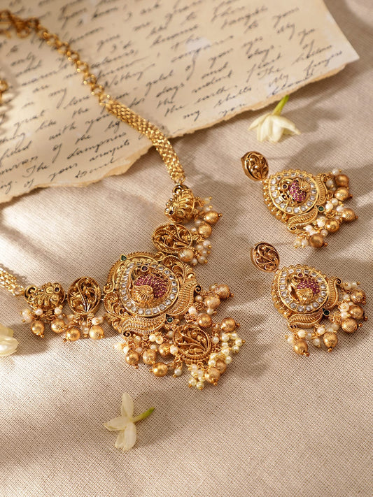 Gold Beads American Diamond Zirconia Necklace Set Gold