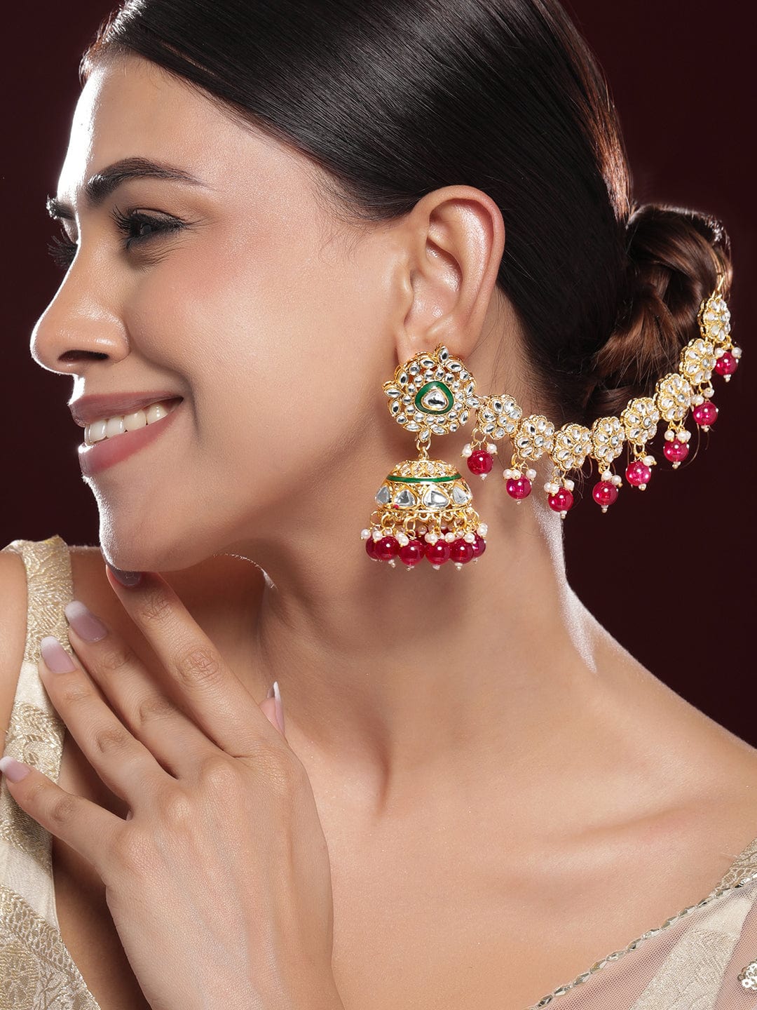 Royal Kaan Chain Kundan Red Jhumka Earrings Gold