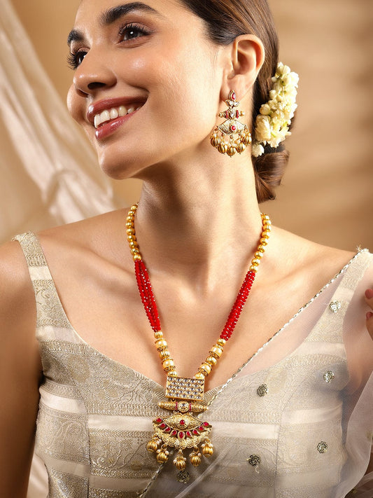 Rubans 22K Gold-Plated Kundan Jewellery Set with Ruby Red Beaded Multistrand & Golden Bead Maroon
