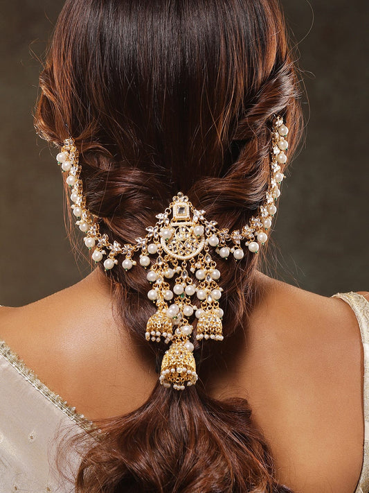 Dazzling Kundan Pearl Hair Brooch Gold