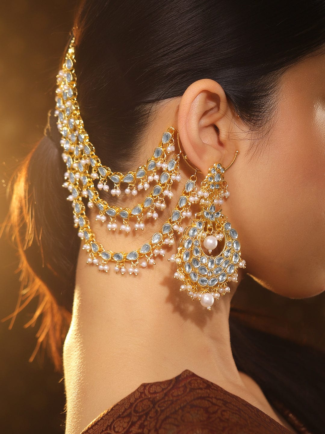 Royal White Kundan Chandbali with Kaan Chain Gold