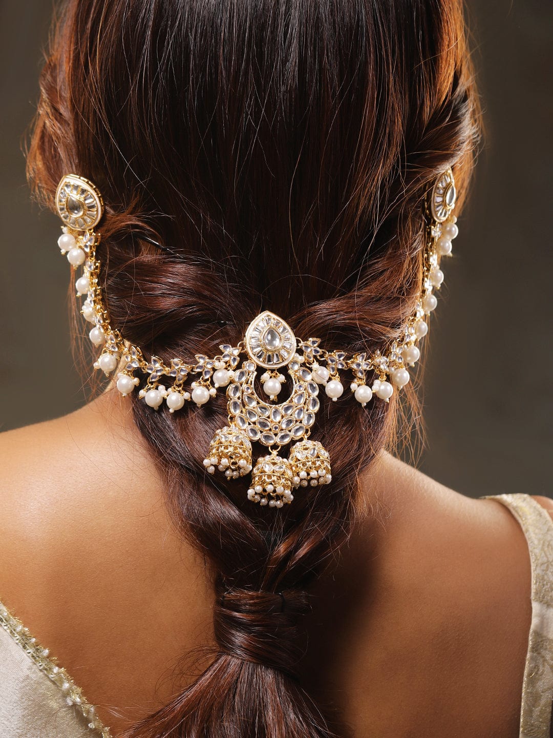Pearl Meets Kundan Hair Brooch Gold