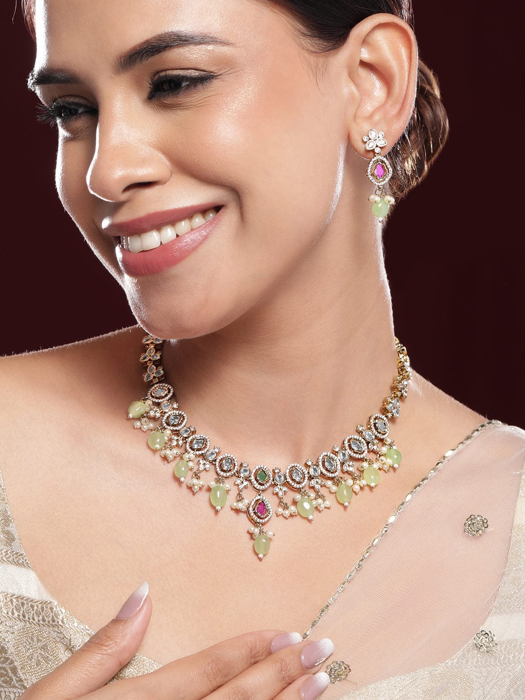 Ruby Studded American Diamond Zirconia Necklace Set フリーサイズ
