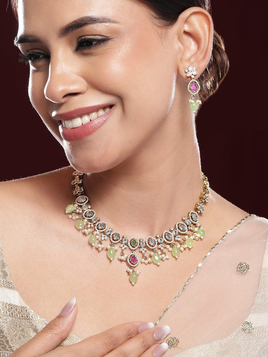 Ruby Studded American Diamond Zirconia Necklace Set フリーサイズ