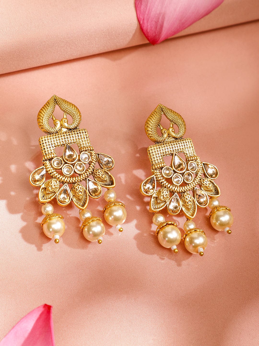 Long Pearl Drop Necklace Set with Krishna Motif Gold