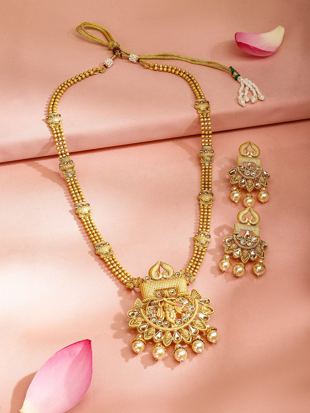 Long Pearl Drop Necklace Set with Krishna Motif Gold