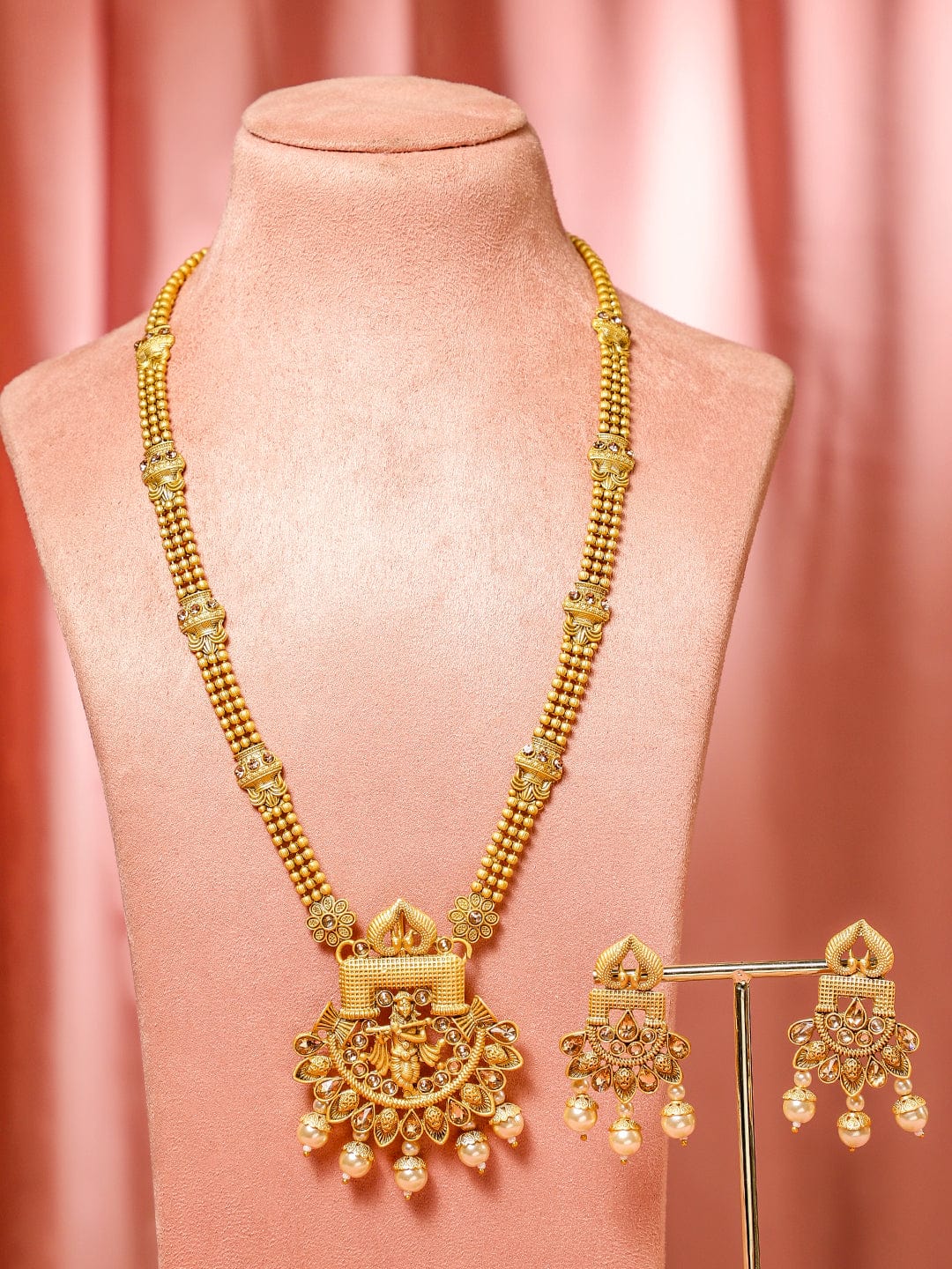 Long Pearl Drop Necklace Set with Krishna Motif Gold