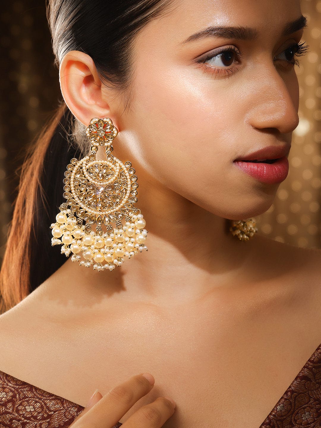Rubans 22K Gold Plated Kundan Studded Handcrafted Long Chandbali with Cream-Colored Pearls Gold