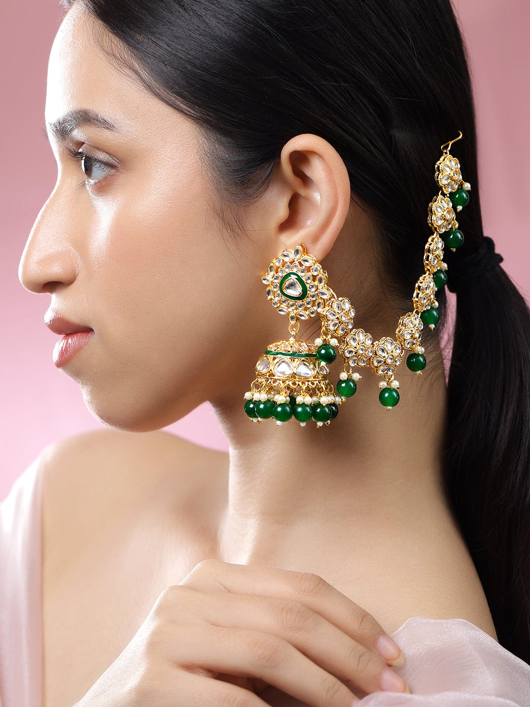 Royal Kaan Chain Kundan Green Jhumka Earrings フリーサイズ