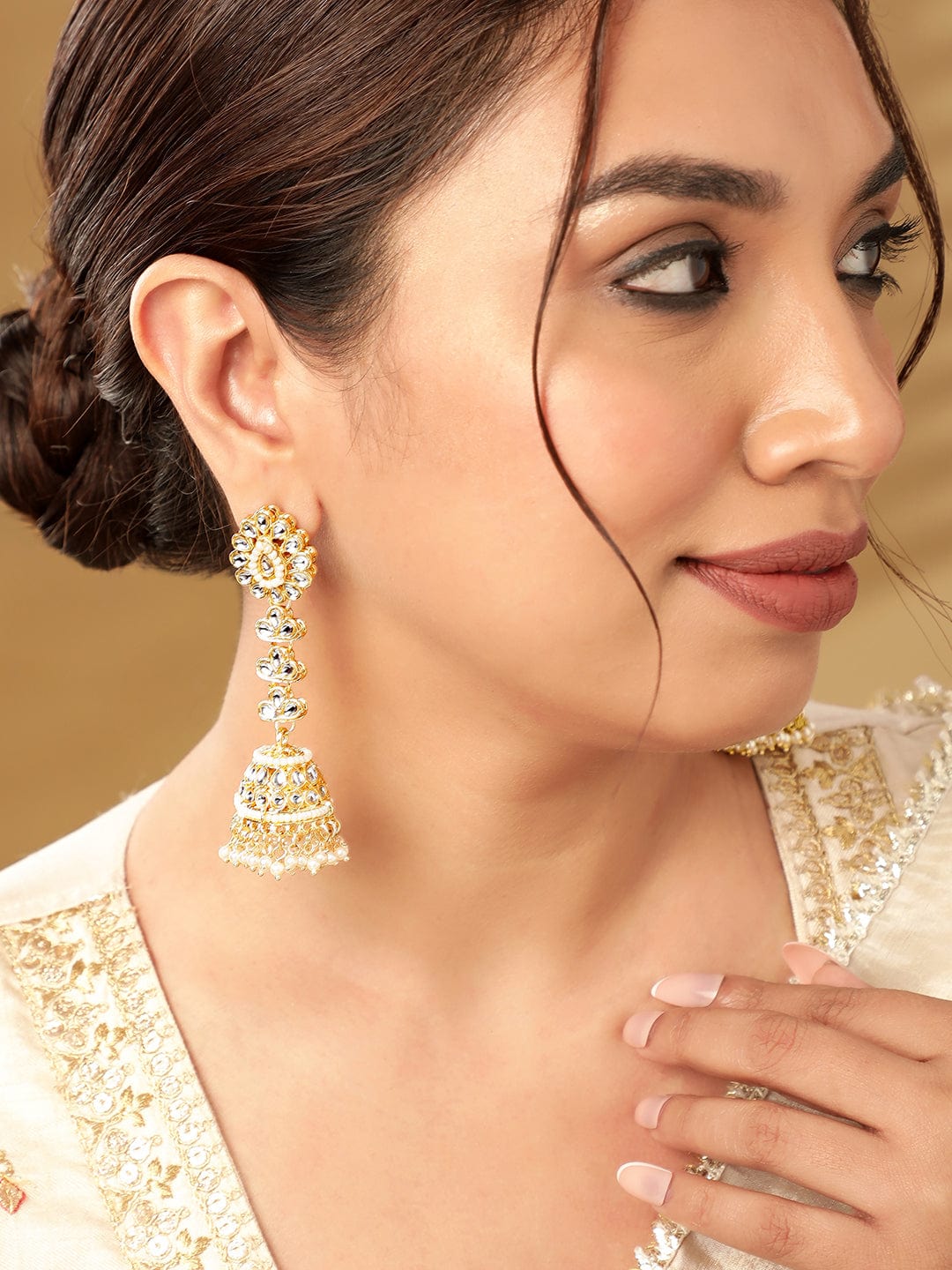 Creamy Hues Kundan Jhumka Gold