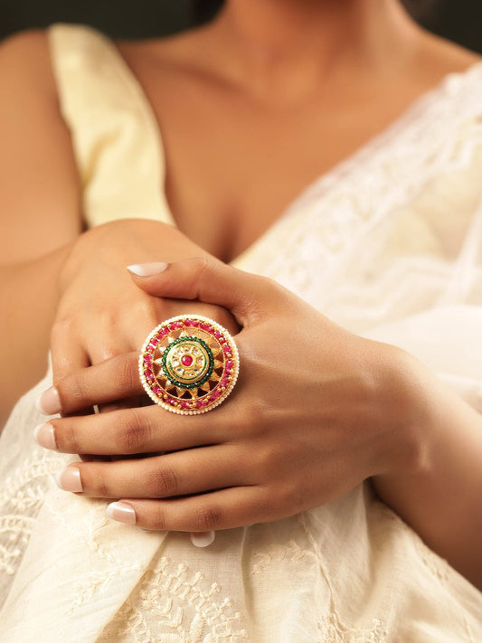 Rubans 22K Gold Plated Kundan Studded Red & Green Crystal with Pearl beaded Handcrafted Adjustable Ring Red::Green