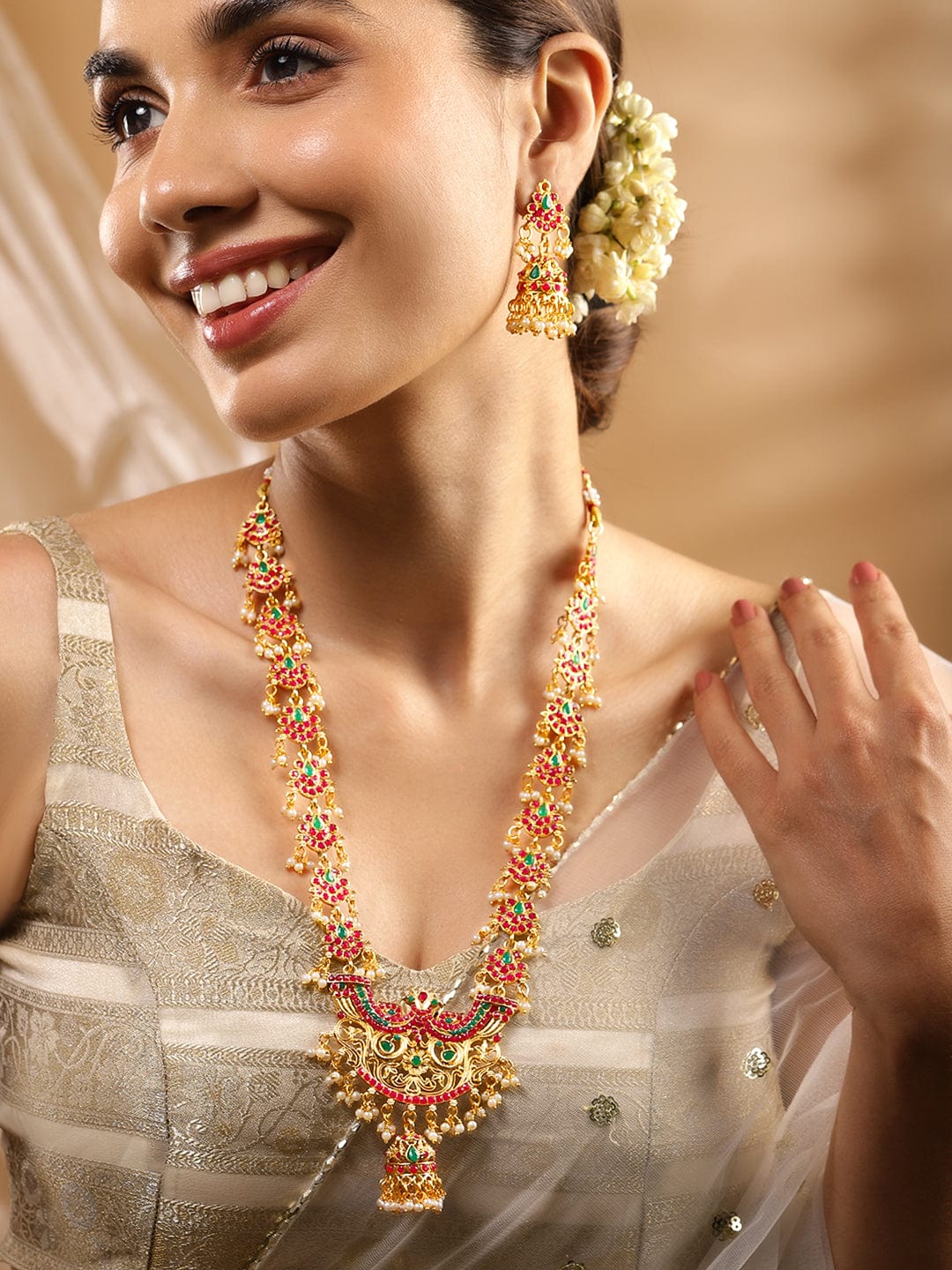 Rubans 22K Gold-Plated Long Jewellery Set with Ruby Red & Emerald Green and Pearl Beads Gold