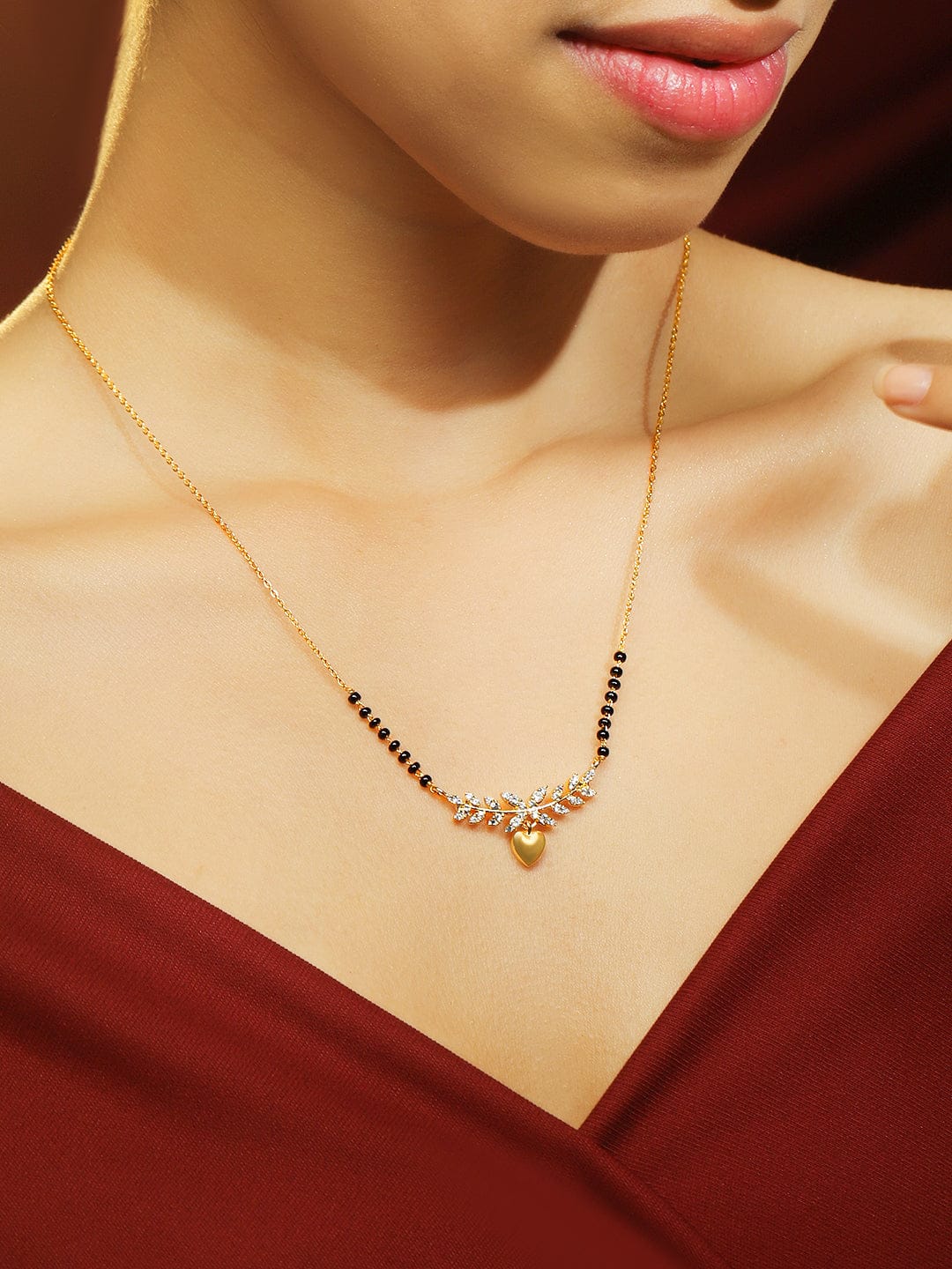 Rubans 22K Gold-Plated Mangalsutra Necklace with Black Beads, Heart-Shaped Pendant & Cubic Zirconia for Women フリーサイズ