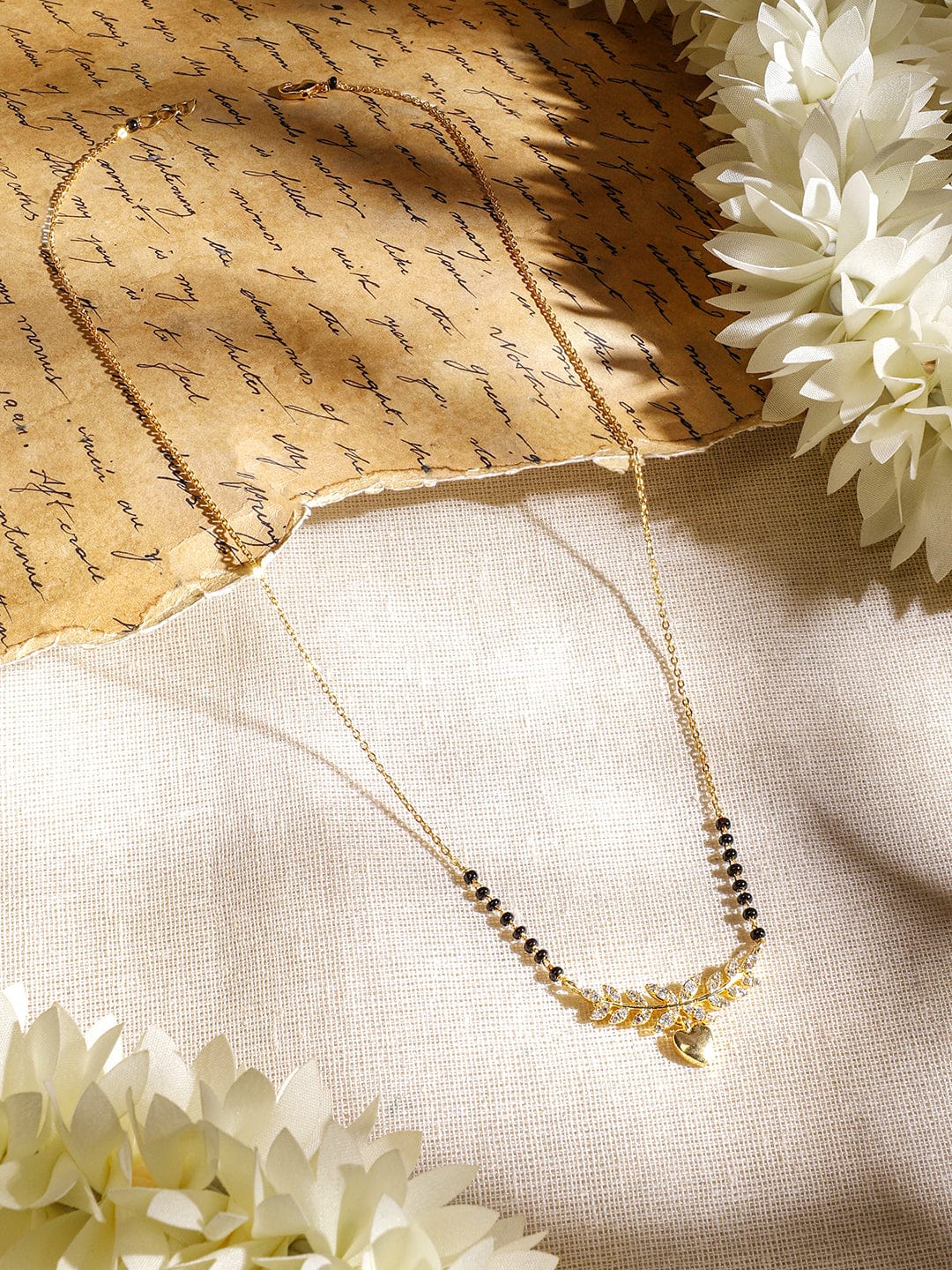 Rubans 22K Gold-Plated Mangalsutra Necklace with Black Beads, Heart-Shaped Pendant & Cubic Zirconia for Women フリーサイズ