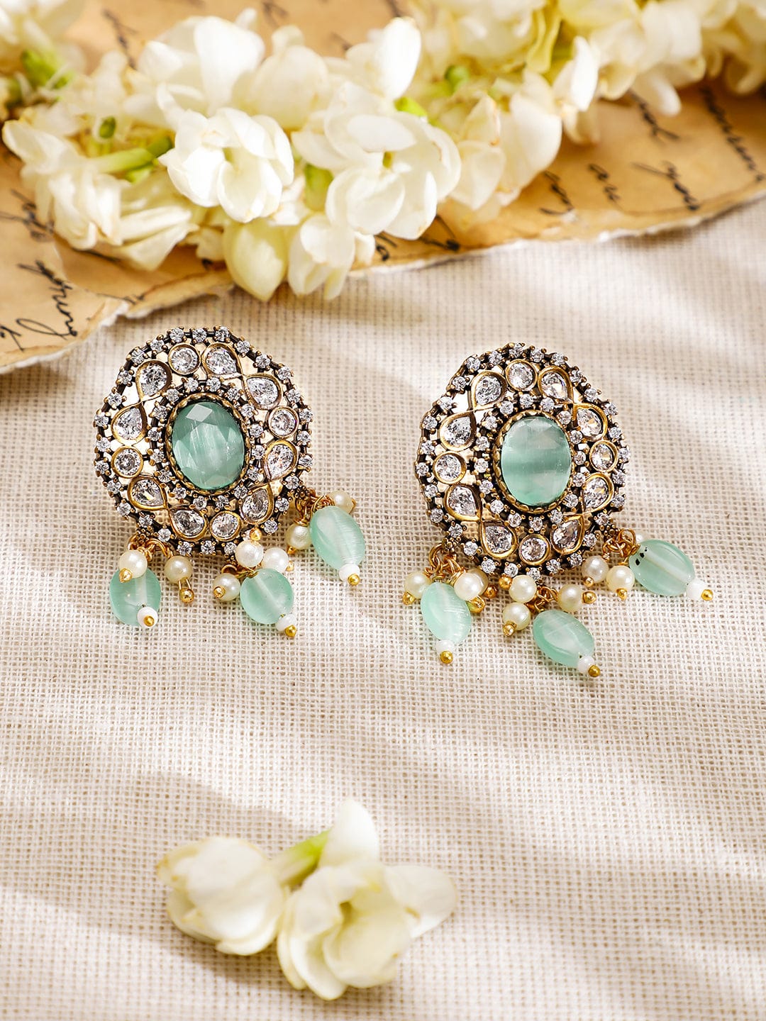 Mint Green American Diamond Zirconia Necklace Set Gold