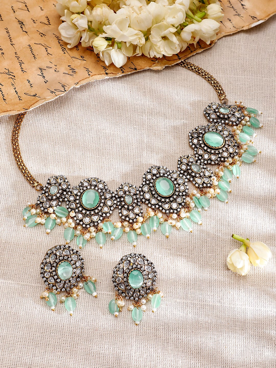 Mint Green American Diamond Zirconia Necklace Set Gold