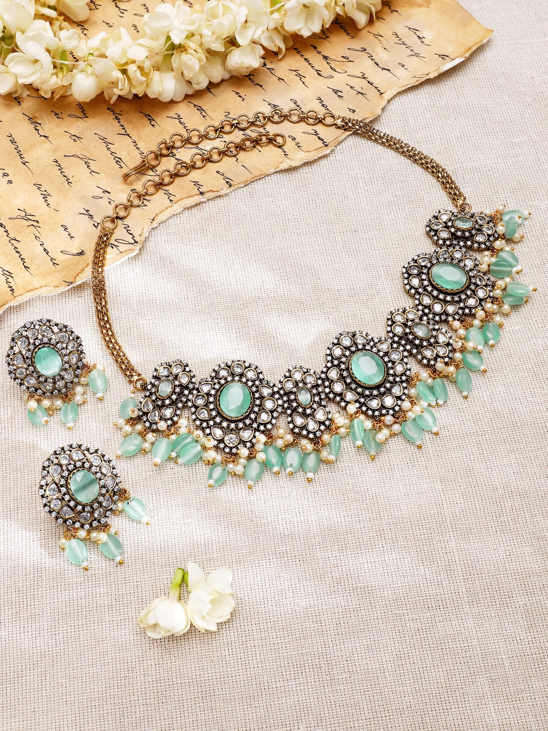 Mint Green American Diamond Zirconia Necklace Set Gold