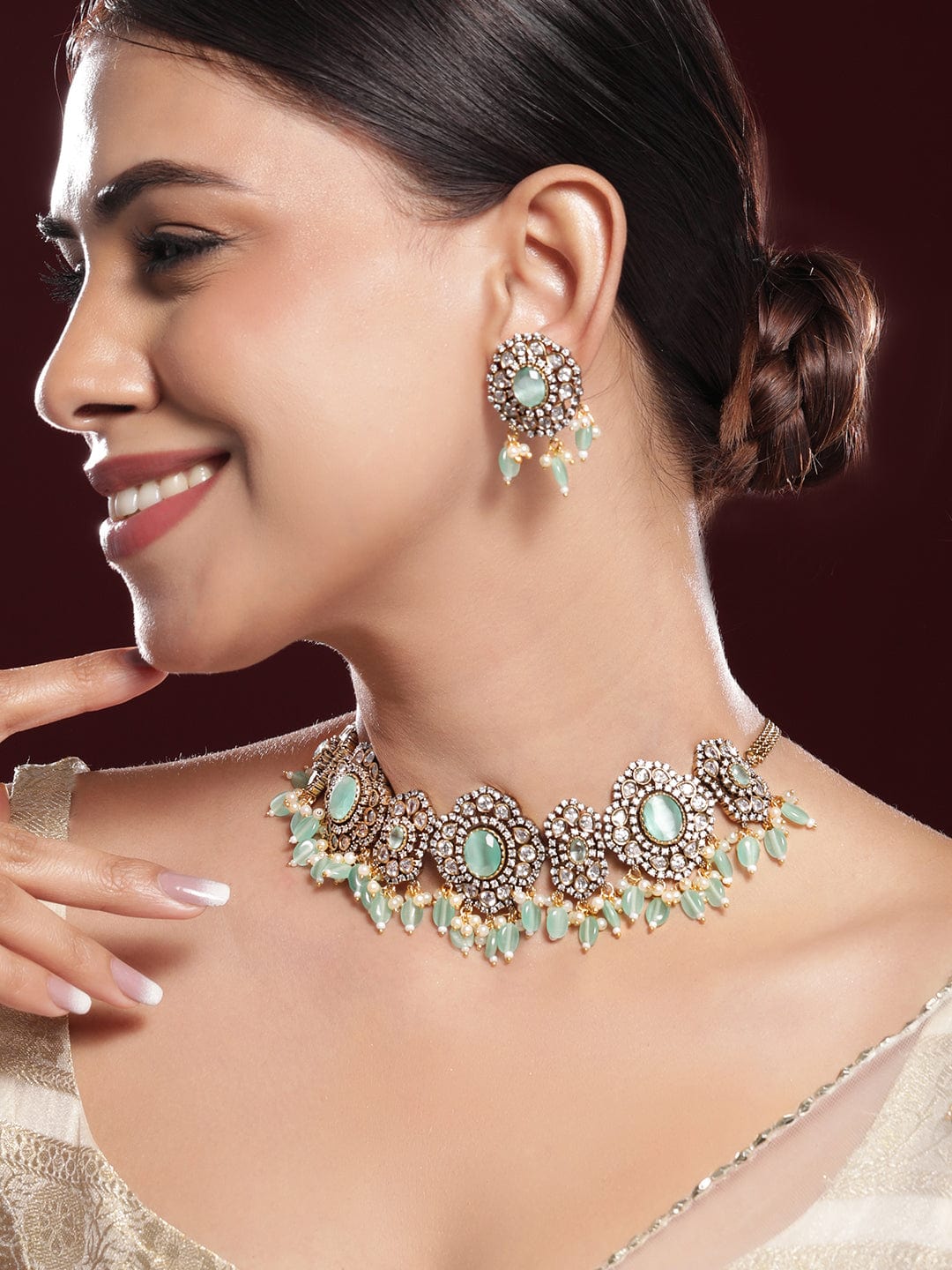 Mint Green American Diamond Zirconia Necklace Set Gold