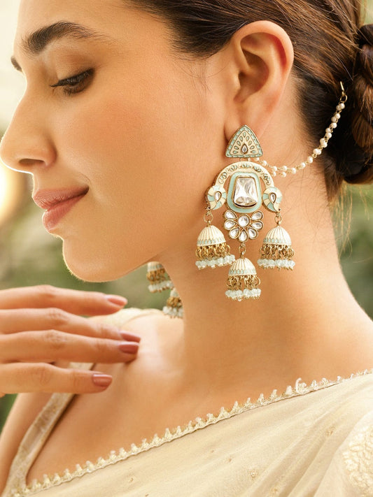 Timeless White Jhumka with Kaan Chain Mint Green