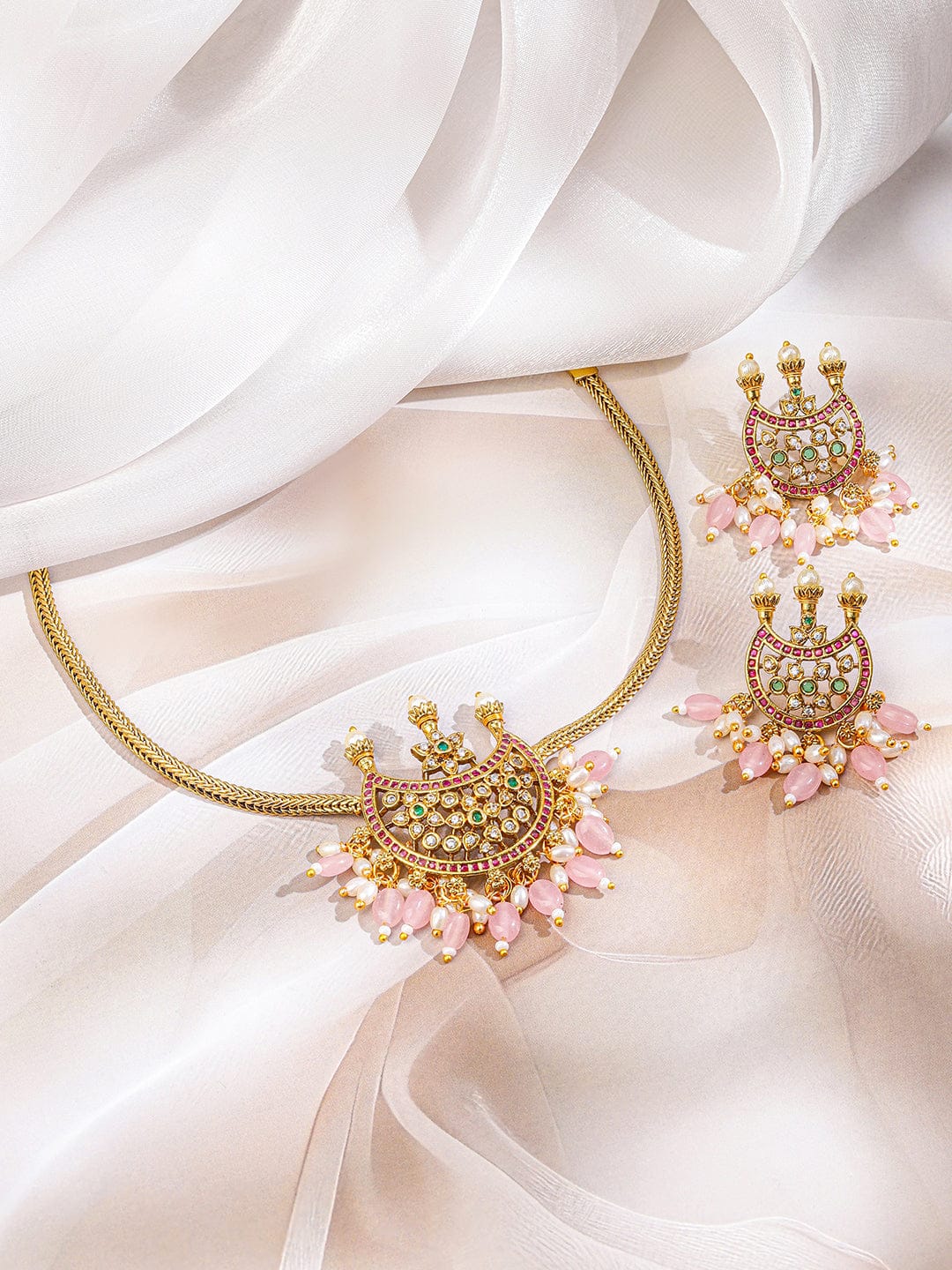 Multicolor Studded Pink Beads Necklace Set フリーサイズ