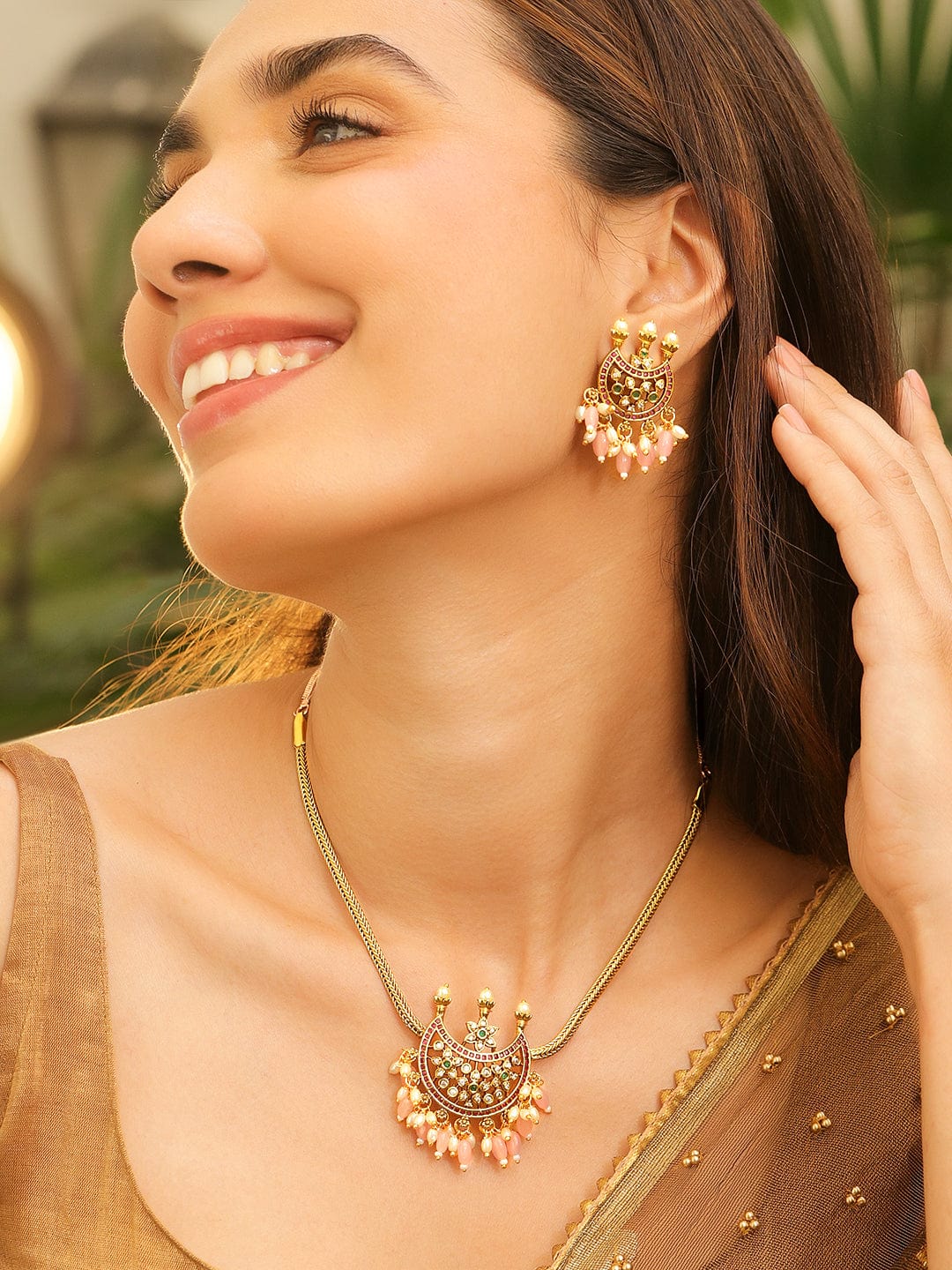 Multicolor Studded Pink Beads Necklace Set フリーサイズ