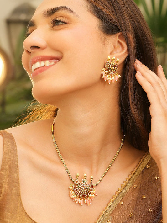 Multicolor Studded Pink Beads Necklace Set フリーサイズ