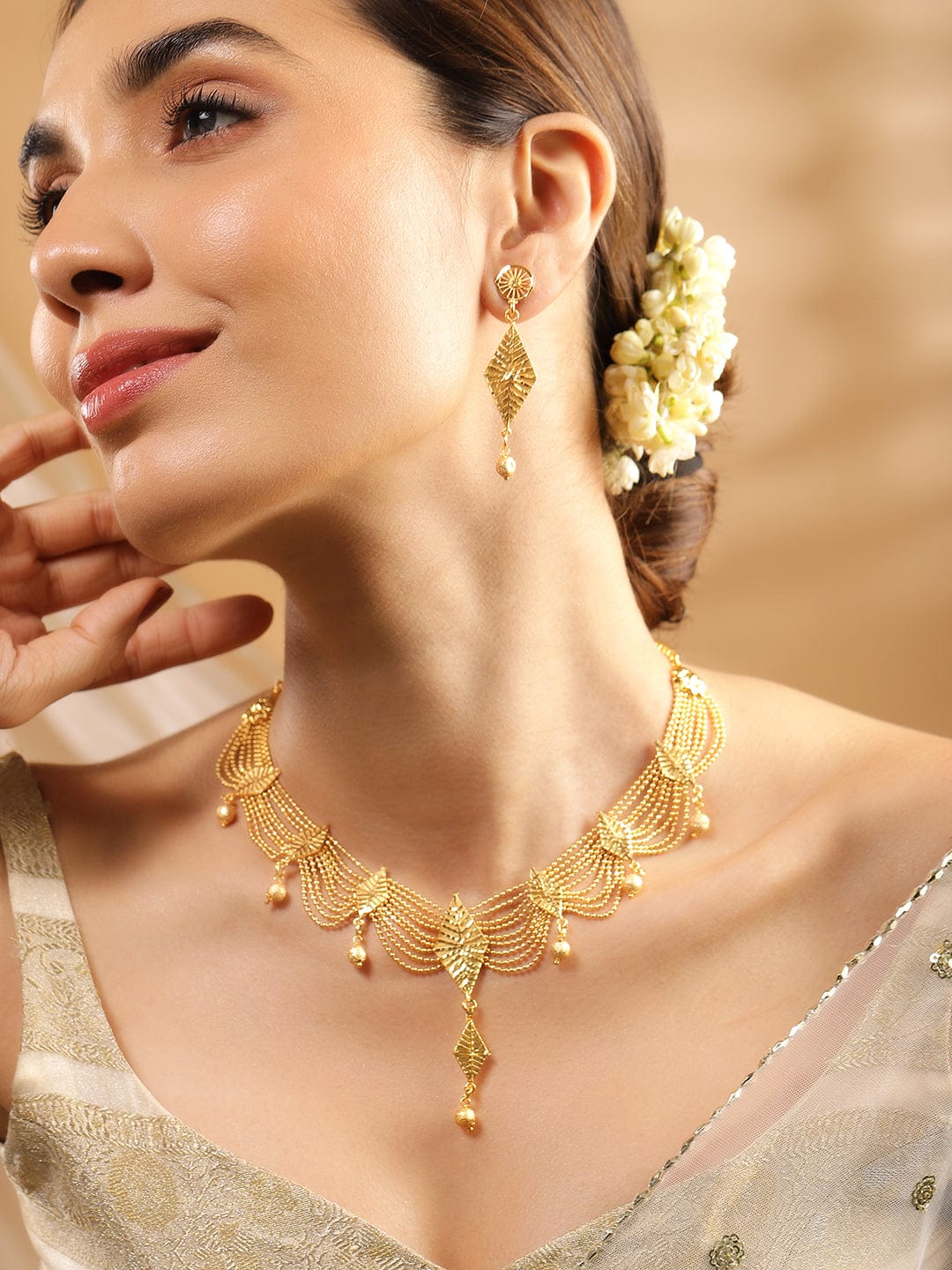 Rubans 22K Gold-Plated Multi-Strand Necklace Set with Leaf Motifs and Matching Drop Earrings for Womens & Girls Gold