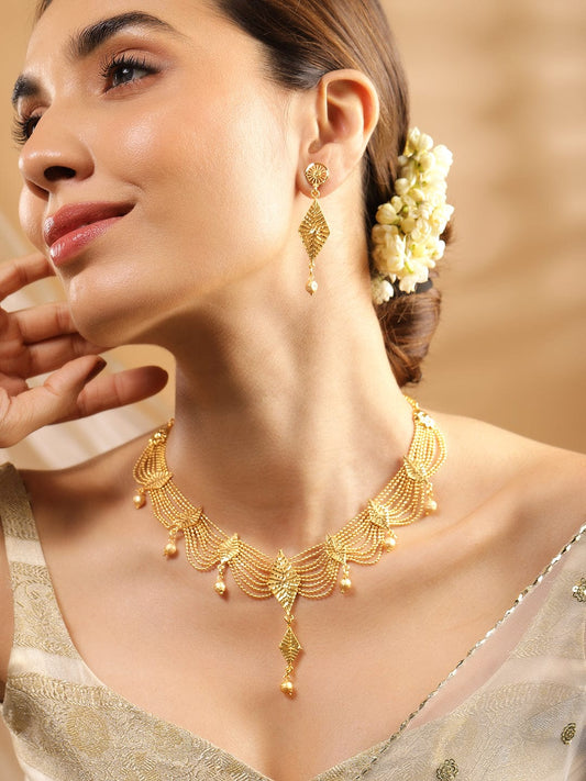 Rubans 22K Gold-Plated Multi-Strand Necklace Set with Leaf Motifs and Matching Drop Earrings for Womens & Girls Gold