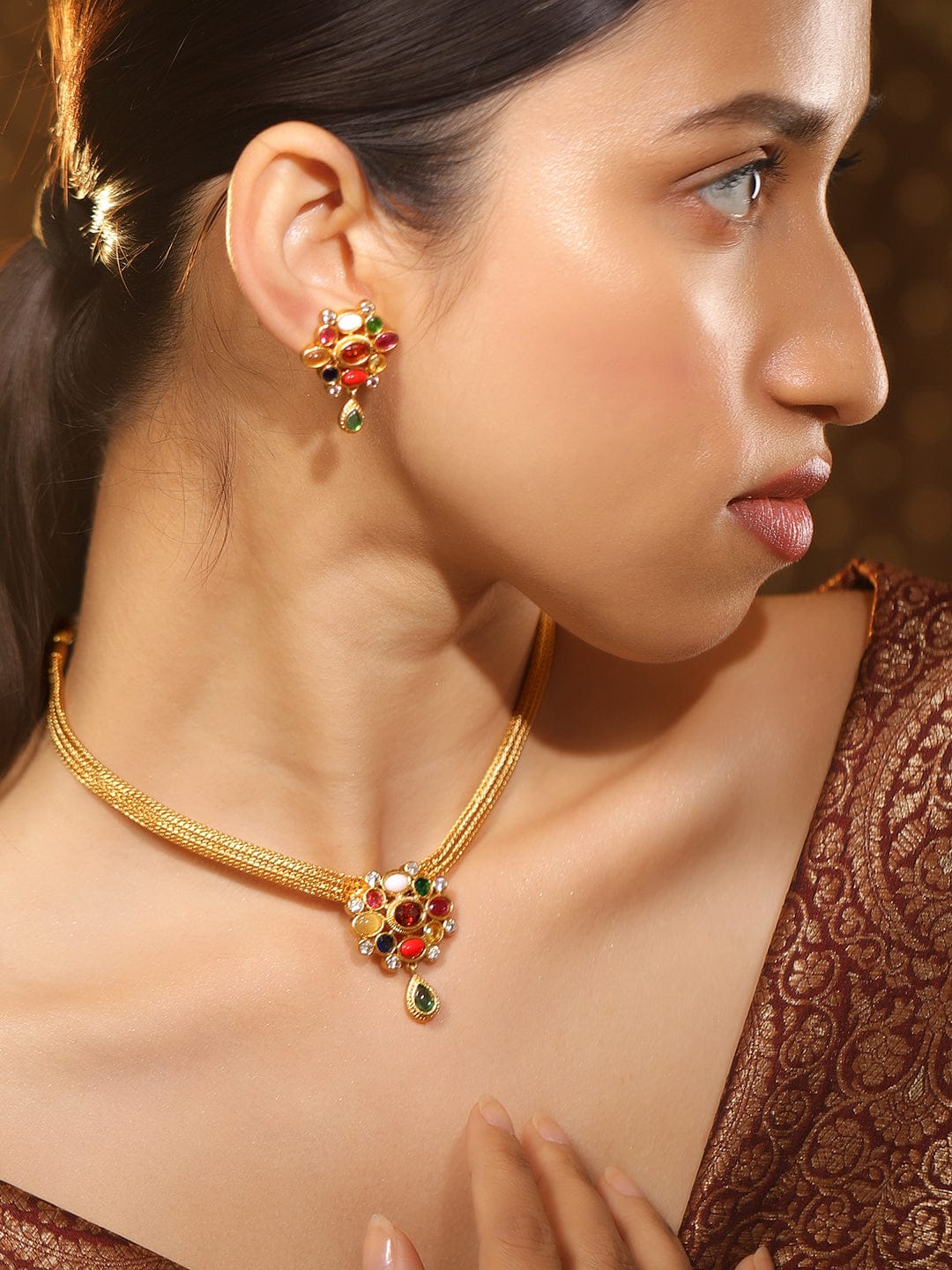 Multicolor Studded Necklace Set Multicolor