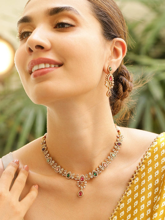 Multicolor Necklace Set With American Diamond Zirconia フリーサイズ