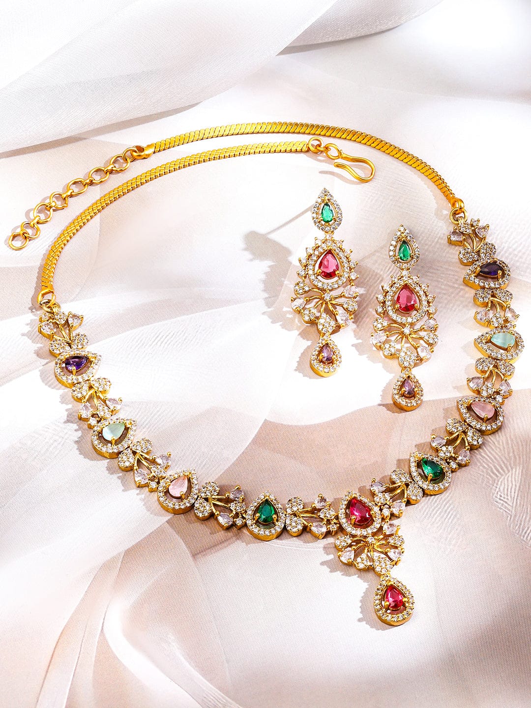 Multicolor Necklace Set With American Diamond Zirconia フリーサイズ