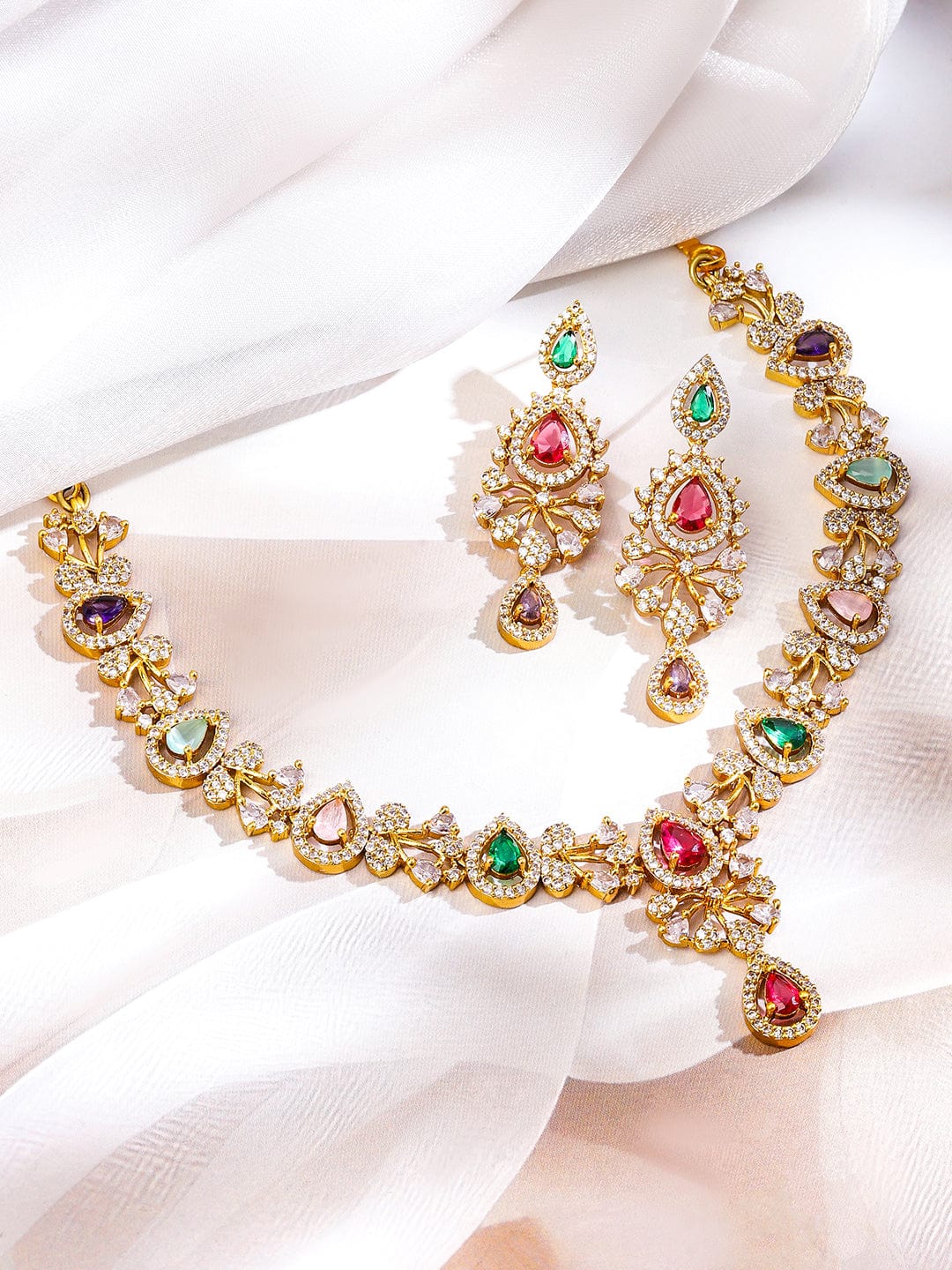 Multicolor Necklace Set With American Diamond Zirconia フリーサイズ
