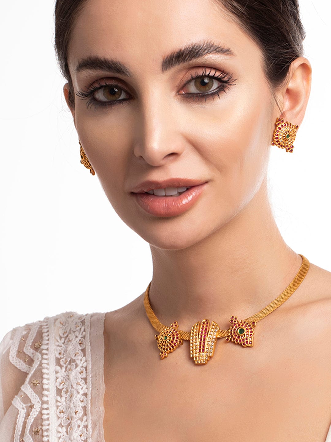 Rubans 22K Gold Plated Necklace Set With Studded AD Design Gold
