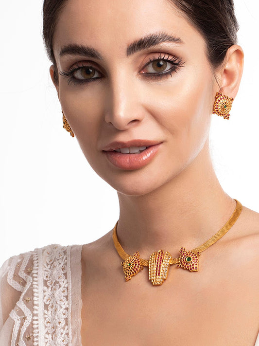 Rubans 22K Gold Plated Necklace Set With Studded AD Design Gold