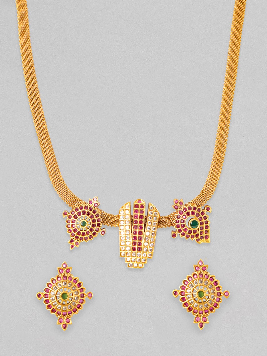 Rubans 22K Gold Plated Necklace Set With Studded AD Design Gold