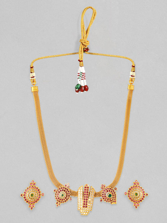 Rubans 22K Gold Plated Necklace Set With Studded AD Design Gold