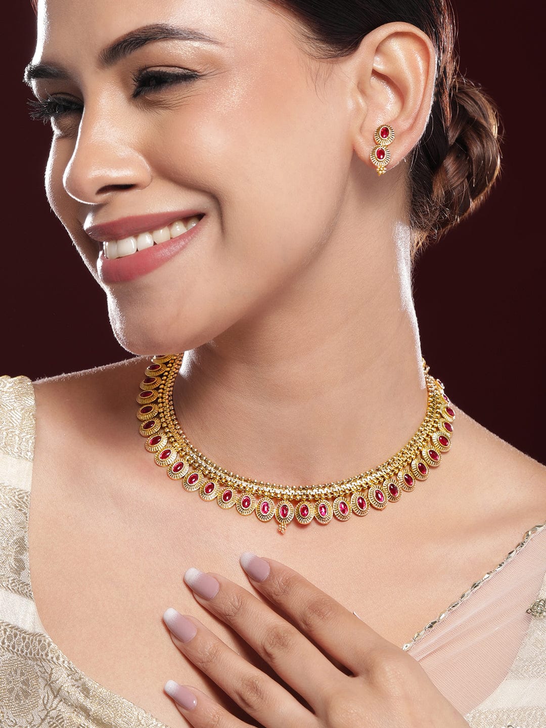 Ruby Pink Studded Golden Necklace Set Gold
